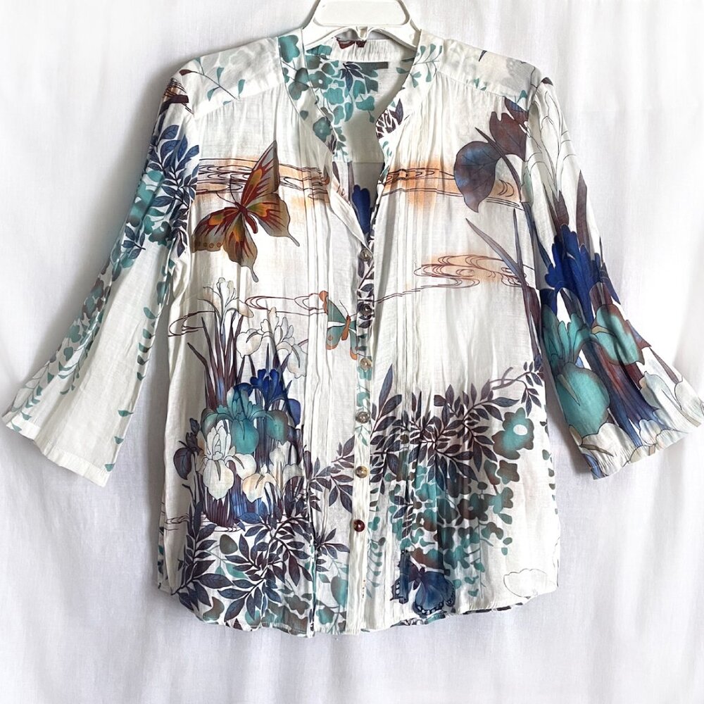 Beautiful women's blouse shirt cotton with colorful iris flowers print. Size M